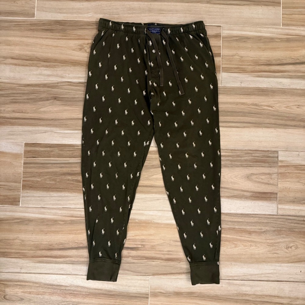 Polo Ralph Lauren Mens Size Large Olive Green All Over Pony Sleep Jogger Pants
